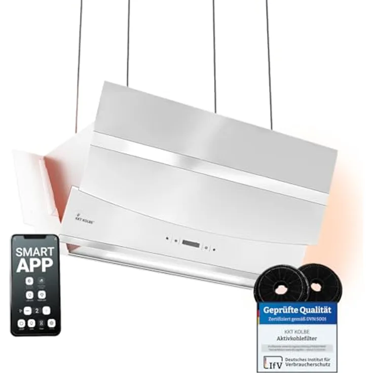 KKT KOLBE HERMES-INSEL-908WM Dunstabzugshaube 90 cm, kopffrei, Edelstahl & weißes Glas, WLAN, Nachlaufautomatik, RGBW-LED-Beleuchtung, SensorTouch Bedienung, Energieeffizienzklasse A+