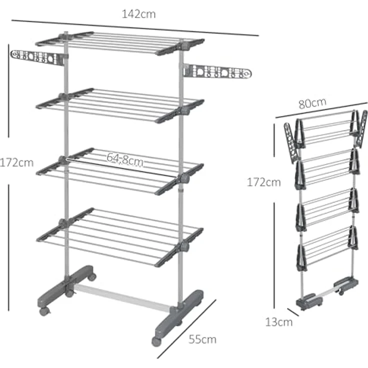 HOMCOM WГ¤schestГ¤nder WГ¤schetrockner Turm, Stahl 142 x 55 x 172 cm, Grau, klappbar, für Indoor und Outdoor – Bild 5