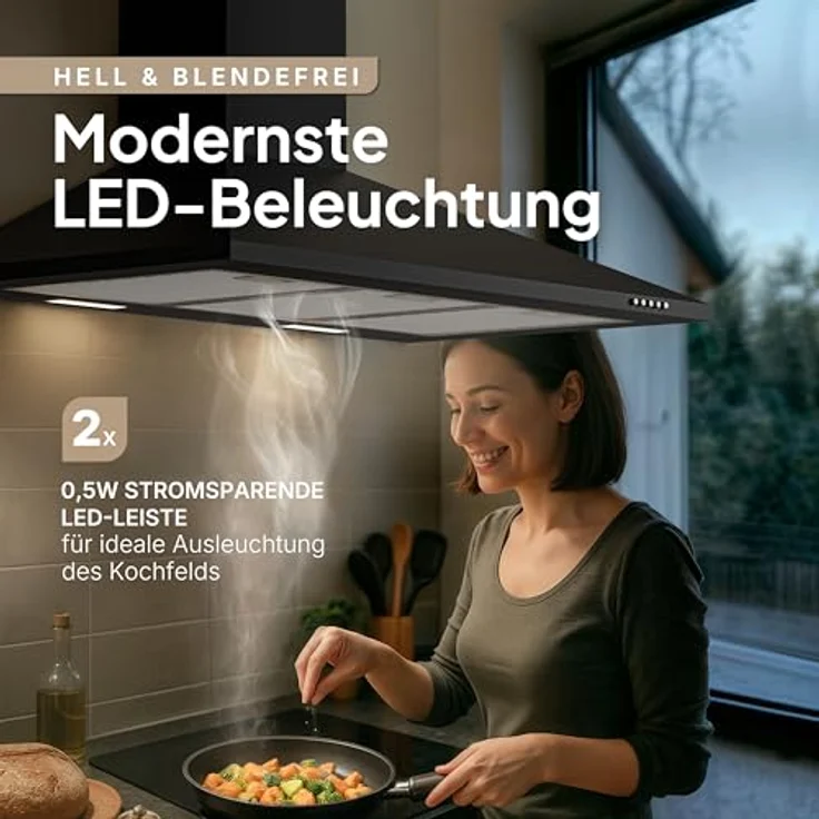 LEVIVO Dunstabzugshaube 90 cm, Umluft & Abluft mit 410 m³/h Luftleistung, 2 Aktivkohlefiltern, 3 Fettfiltern, Wandhaube, Edelstahl, 3 Stufen, LED-Beleuchtung – Bild 6