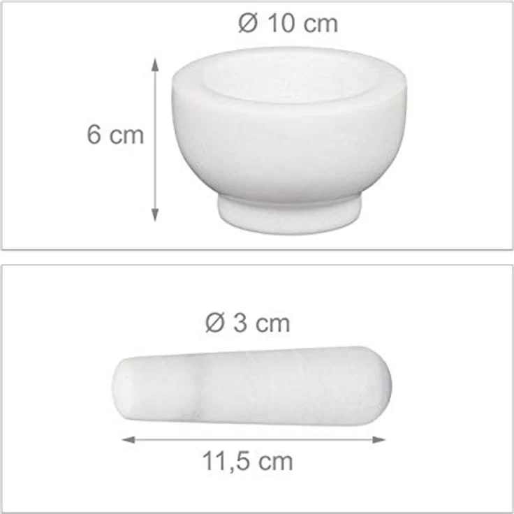 Relaxdays Marmor Mörser mit Stößel, robust & langlebig, Gewürze, Kräuter, polierter Steinmörser, Ø 10 cm, V 120 ml, weiß – Bild 5