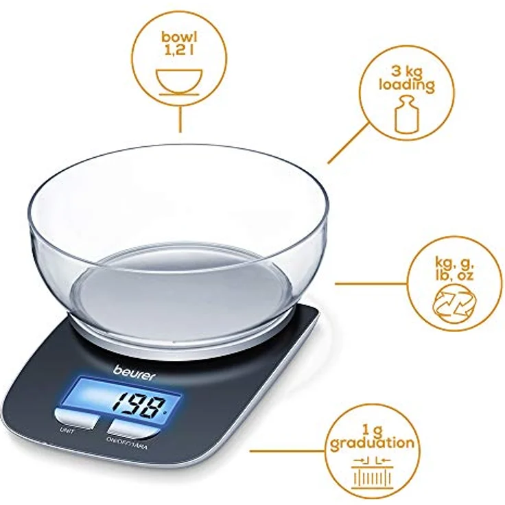 Beurer KS 25 Küchenwaage mit 1,2l Wiegeschüssel, digitale Küchenwaage mit Tara-Zuwiegefunktion und 3kg Tragkraft – Bild 3