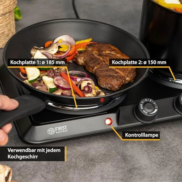 TZS First Austria Kochplatte, elektrisches Doppelkochfeld aus Gusseisen, Herdplatten für Zuhause, Camping & Reisen, Thermostat mit 5 Temperaturstufen, in Schwarz, 2500 W – Bild 5