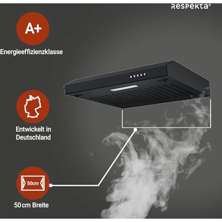 Respekta Sina CH500SC-19, Unterbauhaube schwarz matt, 50 cm, Abluft- und Umluftfunktion, Energieeffizienzklasse A+, 53-64 dB – Bild 2