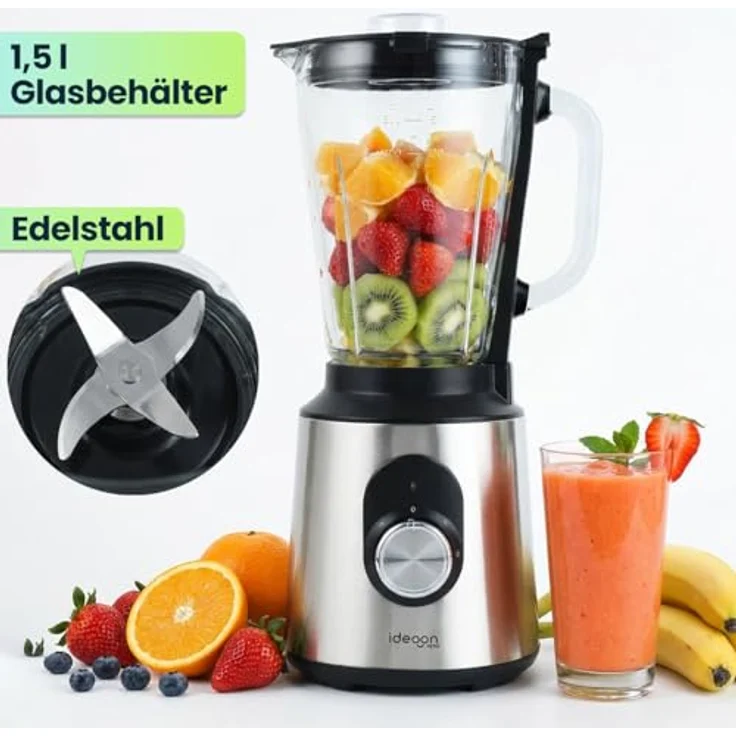 shop'n smile ideoon Standmixer Edelstahl 1000W mit 1,5L Glasbehälter, 2 Geschwindigkeitsstufen + Pulse, rutschfest, spülmaschinenfest, Silber/Schwarz – Bild 3