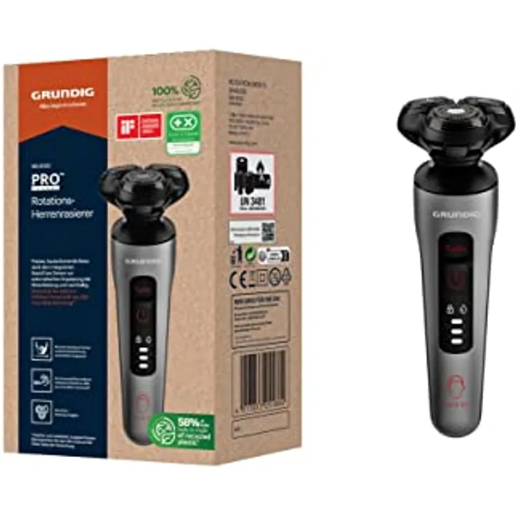 Grundig ProClub MS 8130 Herrenrasierer, BeardCare Sensor, Kunststoff des äußeren Gehäuses aus 61% recyceltem Kunststoff, Titanium Blades Technologie, Wet & Dry, Dunkles Mattchrom/Rot