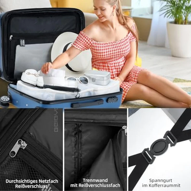 BEIBYE Kofferset 4 Zwillingsrollen Hartschale Trolley, Handgepäck M (55x34x22cm) mit Sicherheits-Zahlenschloss, in Blau – Bild 4