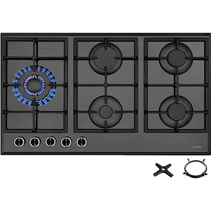 Phönix PG-901LT Einbau Gaskochfeld Glas Kochfeld Gaskocher 5 Kochplatten autark (freistehend- / Einbau- Gaskochfeld) inkl. WOK-Aufsatz + Gasherdkreuz - Preisvergleich – Bild 1