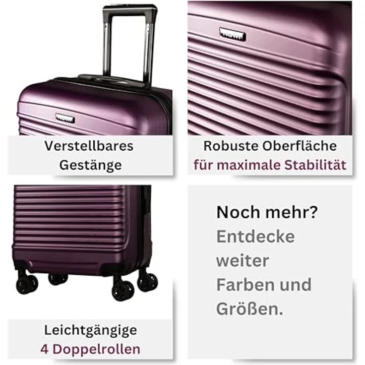NOWI Las Palmas Koffer Klein, leichter Hartschalenkoffer mit 360° Rollen, Kofferwaage und Kofferband, 34L, 55x40x20cm, metallic lila, passend für Ryanair und Lufthansa – Bild 5