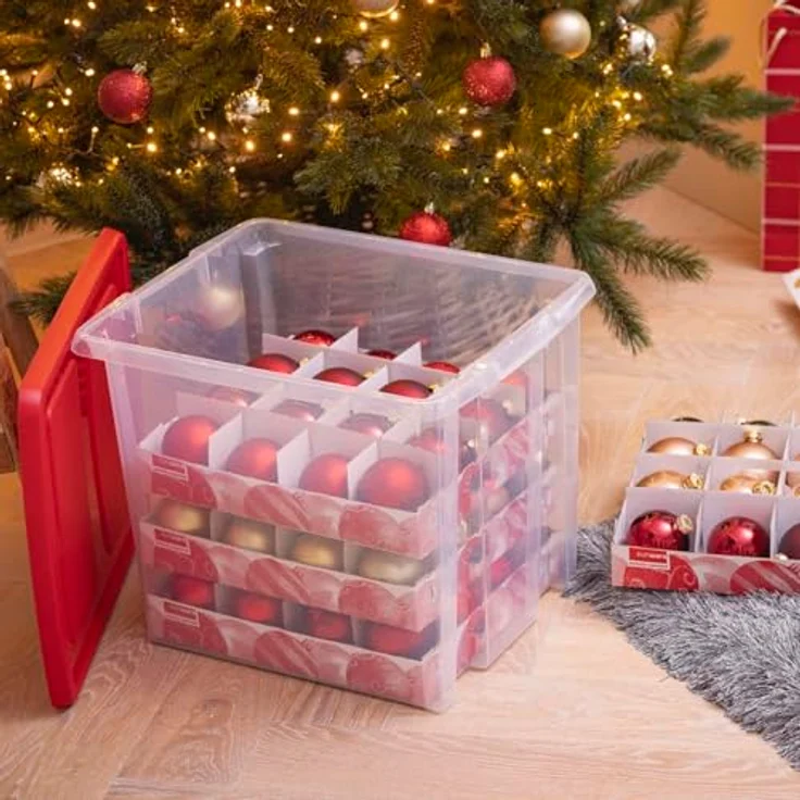 SUNWARE Nesta Weihnachtsbox 45 Ltr, Aufbewahrungsbox mit Tabletts für 64 Weihnachtskugeln (Ø70-80mm), transparent/rot – Bild 3