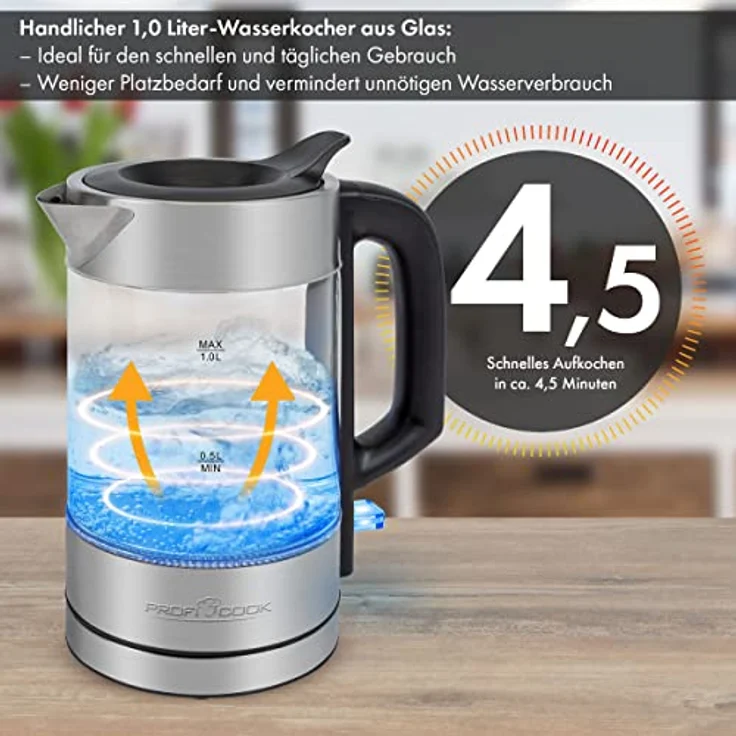 ProfiCook PC-WKS 1229 Glas-Wasserkocher, 1 Liter, Wasserstandsanzeige, LED-Beleuchtung, Kontrollleuchte, silber, schwarz – Bild 5