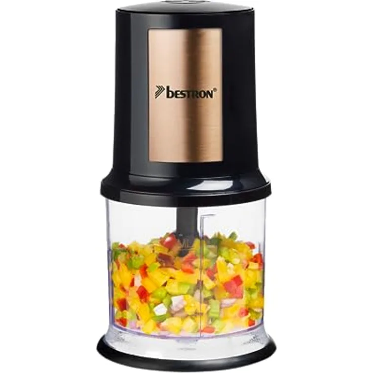 Bestron elektrischer Multi-Zerkleinerer, Universalzerkleinerer mit zwei Schneidemessern & 500ml Kapazität, große Pulstaste, 400 Watt, Farbe: Kupfer