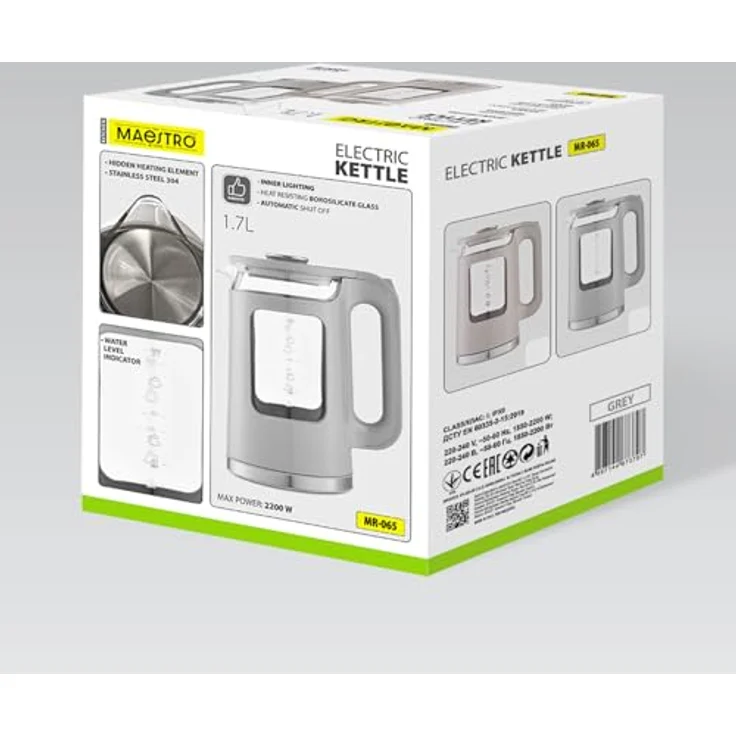 Maestro MR-065, Elektrischer Glas-Wasserkocher 1,7l, 2200W, grau, mit Wasserstandsanzeige und LED-Beleuchtung – Bild 6