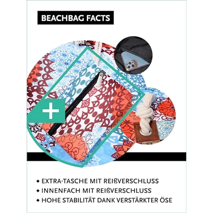 DonDon XXL Strandtasche mit Reißverschluss, praktische Umhängetasche in Retro Chic mit zusätzlicher Kleintasche, 58 cm x 38 cm x 18 cm, ideal für Strand und Meer – Bild 3