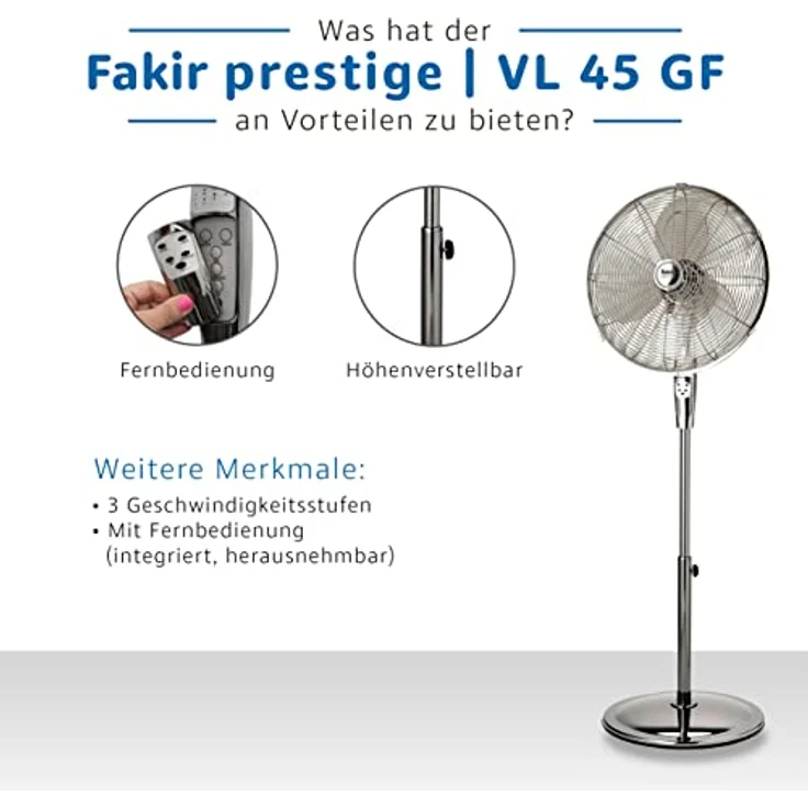 Fakir VL 45 GF prestige | Design-Standventilator, Retro-Look, inkl. Fernbedienung, 3 Geschwindigkeitsstufen, Timer-Funktion, oszillierend, standsicher - höhenverstellbar 100-135 cm, 60 Watt – Bild 5