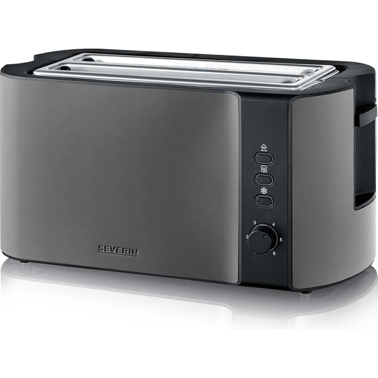 Severin AT 9341 Langschlitz-Toaster, 4-Scheiben Toaster mit 1400 Watt, Schwarz und Edelstahl, Auftaufunktion und Brötchenaufsatz – Bild 1