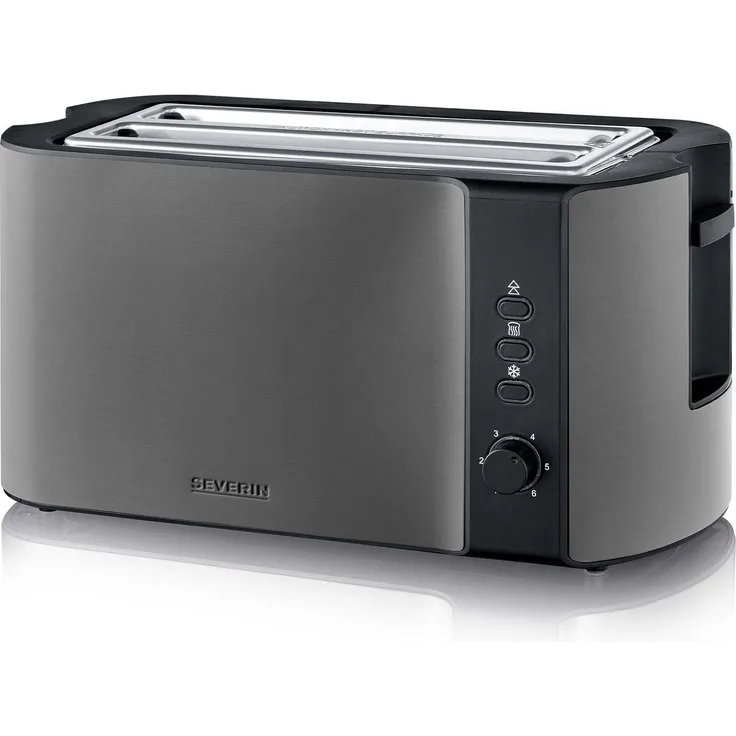 Severin AT 9341 Langschlitz-Toaster, 4-Scheiben Toaster mit 1400 Watt, Schwarz und Edelstahl, Auftaufunktion und Brötchenaufsatz