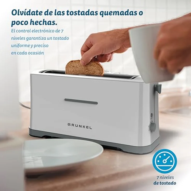 Grunkel TS40-EASYTOAST, Extra breiter Toaster mit 7-stufiger Bräunungskontrolle, abnehmbarer Krümelauffangschale und Kabelslot, 980 W, weiß – Bild 4