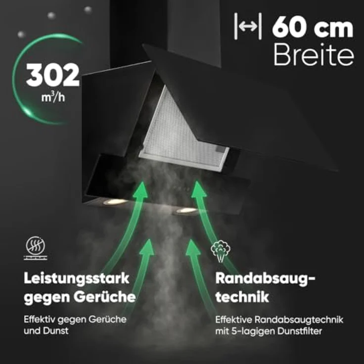 Bomann® DU 7607 G, matte Dunstabzugshaube 60 cm, leise, Umluft/Abluft, 302 m³/h, inklusive Montage-Material – Bild 2
