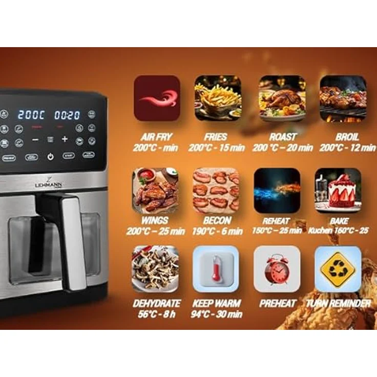 LEHMANN Heißluftfritteuse LHODF-1880B XXL 8 Liter, 1800 W, bis zu 200°C, 10 Programme, Timer, fettfreies Kochen, schwarz – Bild 4