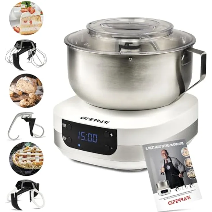 G3 Ferrari G20145 Gourmet Knetmaschine, 1500 Watt, 5 Liter Edelstahlschüssel, digitale Anzeige, 5 Geschwindigkeiten, Timer, inklusive Rezeptbuch