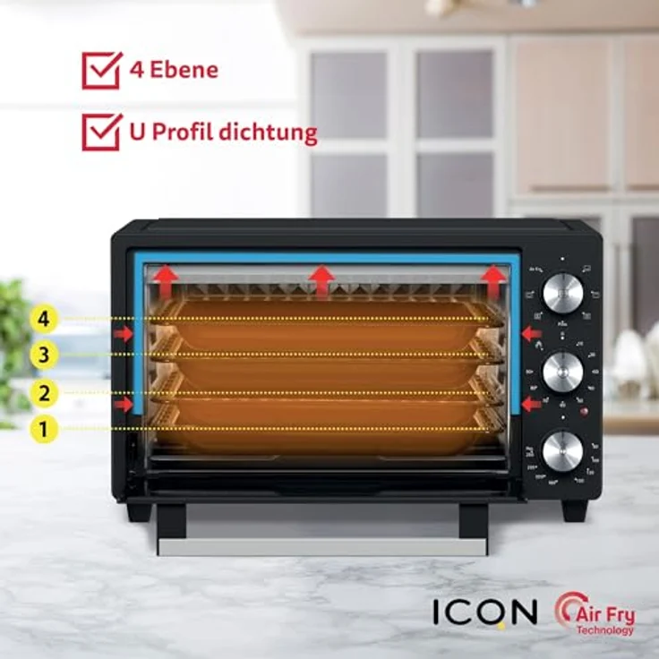 ICQN 20 Liter Minibackofen mit Airfry, Heißluftfritteuse, Ober-Unterhitze mit Umluft-Funktion, 5 Grill-Funktion, 90 Min. Timer, 1500 W, Mini Oven, 80°-250°C, Frittierkorb-Backblech-Grill-Krümelblech – Bild 6