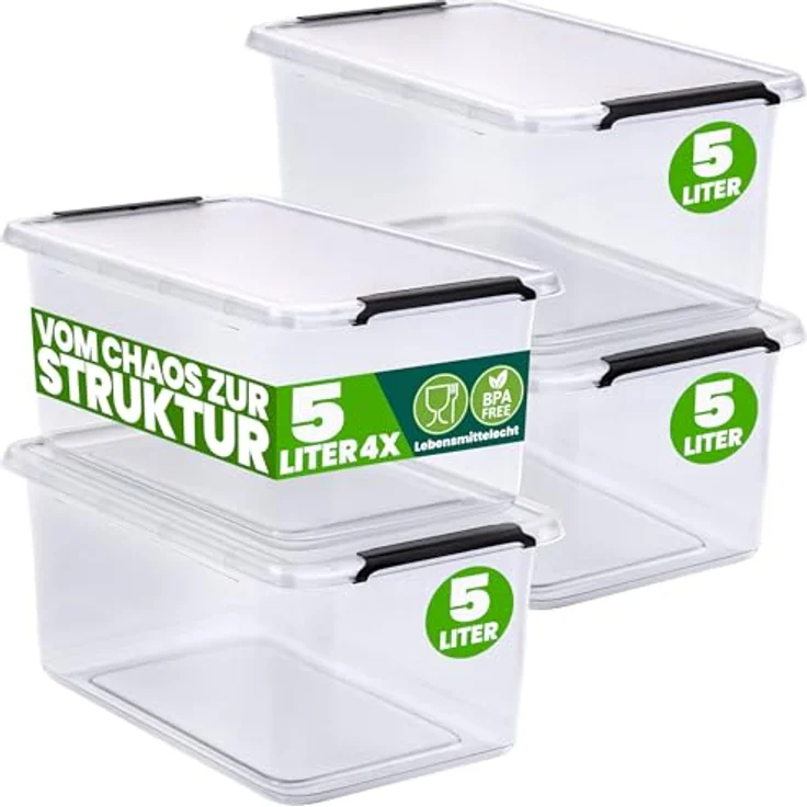 Deuba® 4x Aufbewahrungsbox 5L, BPA-frei und lebensmittelecht, transparent, mit Deckel und Klickverschluss, stapelbar, ideal für Küche und Schlafzimmer – Bild 1
