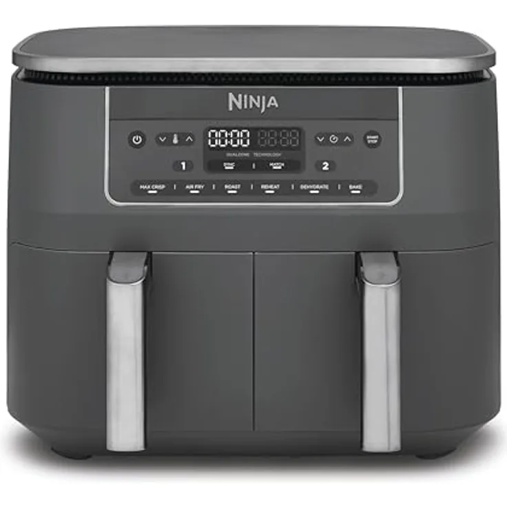 Ninja Dual Zone Digital Air Fryer DZ300EU, 7,6L Heißluftfritteuse mit 2 Schubladen, 6-in-1, ohne Öl, Metallic Grau