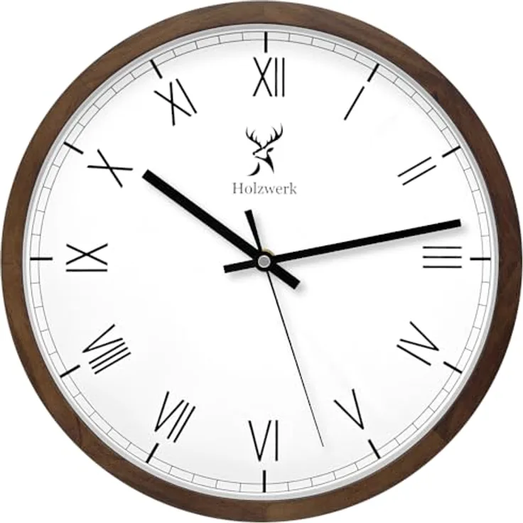 Holzwerk Germany Natur Holz Wanduhr Holz-Uhr Vintage lautloses Uhrwerk ohne Tickgeräusche römische Ziffern Braun Weiß lautlos aus handgefertigtem Massivholz Natur Holz 30 cm (Römisch.Braun)
