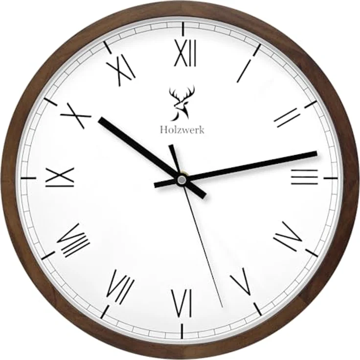 Holzwerk Germany Natur Holz Wanduhr Holz-Uhr Vintage lautloses Uhrwerk ohne Tickgeräusche römische Ziffern Braun Weiß lautlos aus handgefertigtem Massivholz Natur Holz 30 cm (Römisch.Braun) – Bild 1