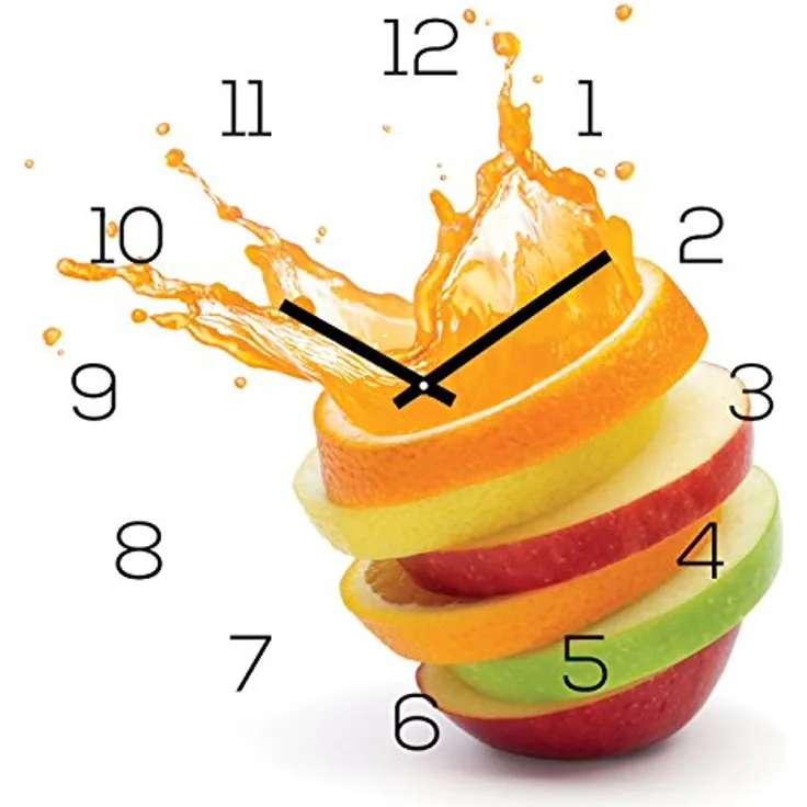 Wanduhr Glas 30x30cm Uhr Glasbild Orange Apfel Wasser Frucht Küche Wanddeko Küchenuhr Glasdeko