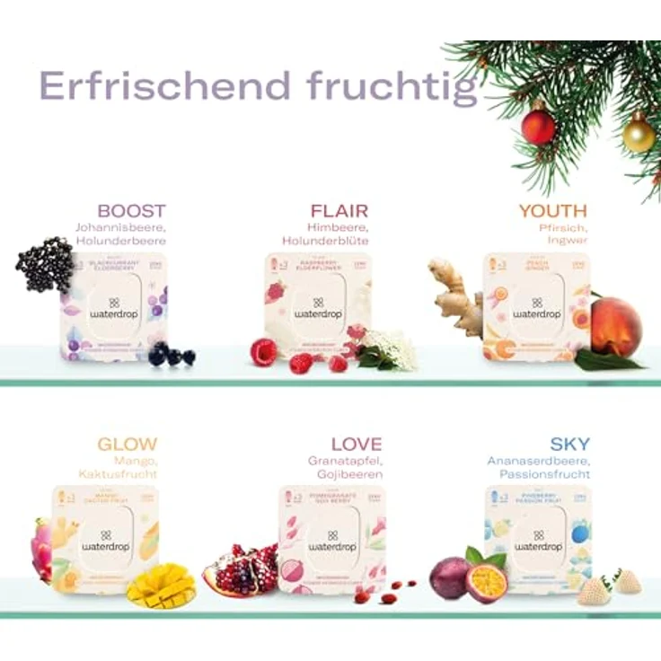 waterdrop® Weihnachts-Geschenk Set: Glasflasche mit 18 Microdrinks - 6 Sorten, 600ml Borosilikatglas, Trinkflasche Kohlensäure geeignet, Zuckerfreies Pulver, Geschenkset für Frauen & Männer – Bild 4