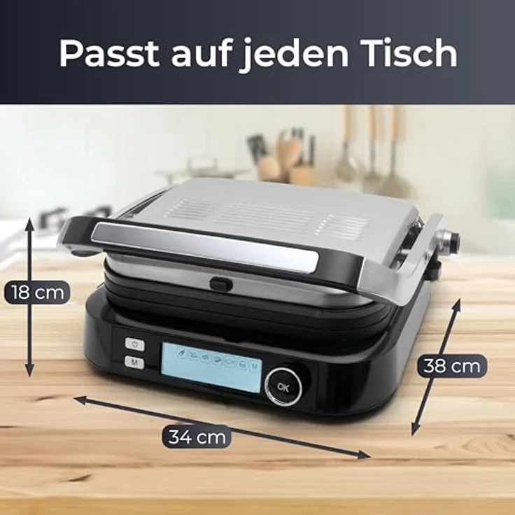 KLAMER Kontaktgrill 7 Automatikprogramme, abnehmbare Platten, Antihaftbeschichtung, 2100W, 2 Grillplatten, 7 Programme, Temp.-Regler, Antihaft – Bild 4