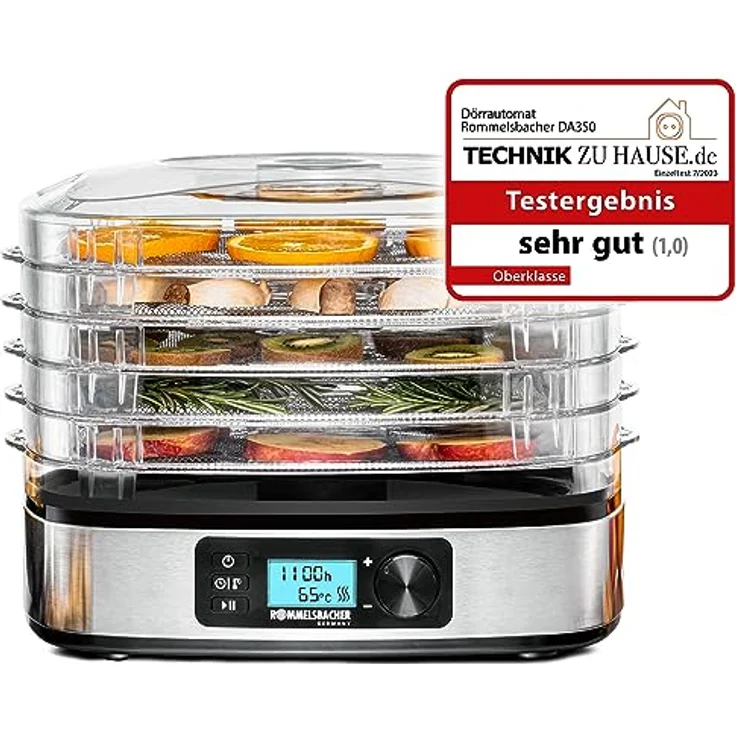 Rommelsbacher DA 350 Dörrautomat, 350W, 5 Ablagen, Signalton, Abschaltautomatik, Drehregler, mit Timer, LCD-Display, edelstahl-schwarz – Bild 2