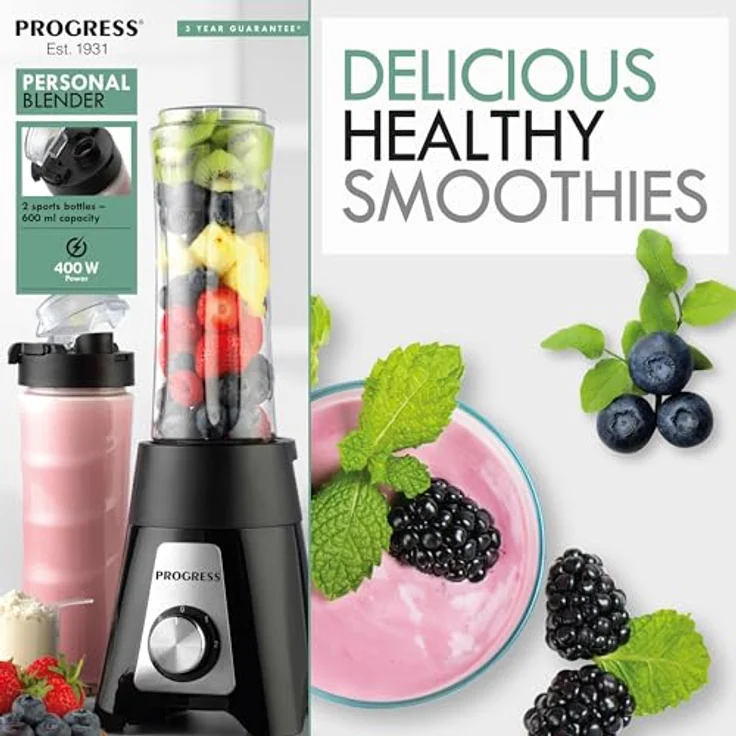 PROGRESS EK5883PVDE Kompakter Mixer – Elektrischer Smoothie-Maker, 600 ml Fassungsvermögen, 2 Geschwindigkeitsstufen mit Pulsfunktion, 2 tragbare Sportflaschen, Easy-Drink-Deckel, 400W – Bild 2