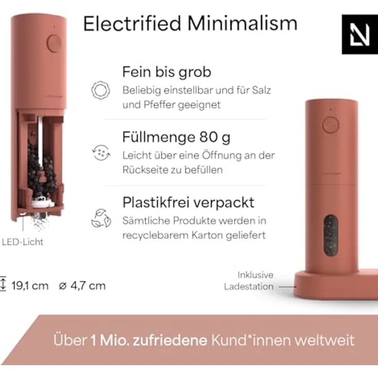 LARS NYSØM Elektrisches Salz und Pfeffermühlen Set, Keramikmahlwerk fein bis grob, USB wiederaufladbar mit Ladestation, Automatische Gewürzmühlen (Brick Red) – Bild 4