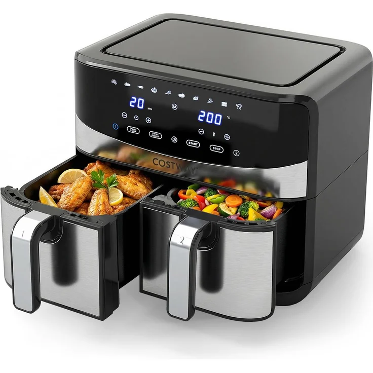 COSTWAY Heißluftfritteuse 2100W Doppel-Airfryer 8,5L mit Sichtfenster, Sync Cook & Touchscreen, spülmaschinenfest, Schwarz/Silber