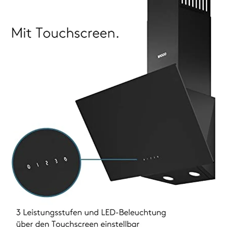 Wiggo Dunstabzugshaube 60cm kopffrei I Abluft Umluft Dunstabzug 650m³/h - Touch-Display 4 Stufen I Energieeffizienzklasse A Schräghaube inkl. Fettfilter & 2xKohlefilter I Abzugshaube Glasfront schwarz – Bild 4