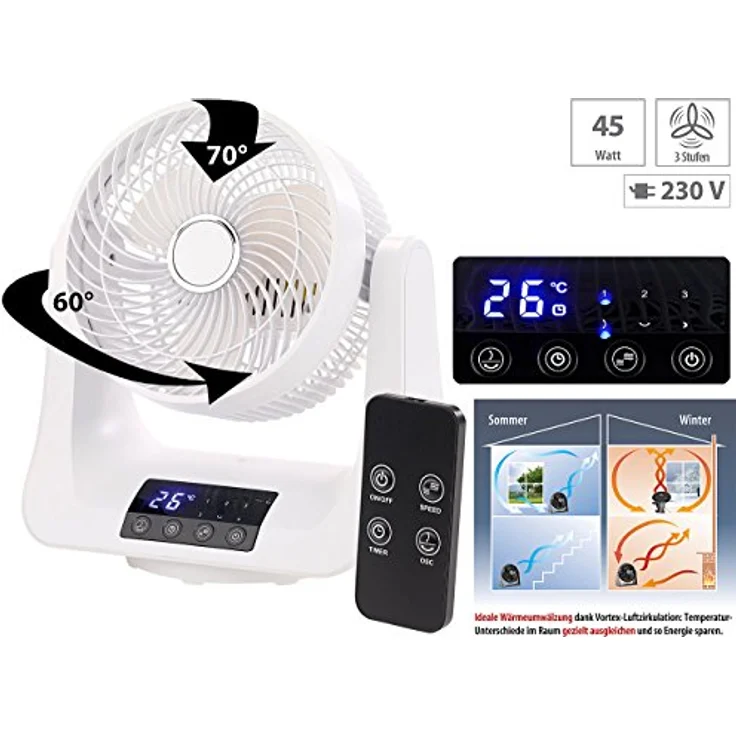 Sichler Haushaltsgeräte Raumlüfter: Digitaler 3D-Robo-Raumventilator & Luftzirkulator, 45 Watt, Ø 21 cm (Ventilator 3D, Ventilator Fernbedienung, Klimageräte und Ventilatoren) – Bild 3