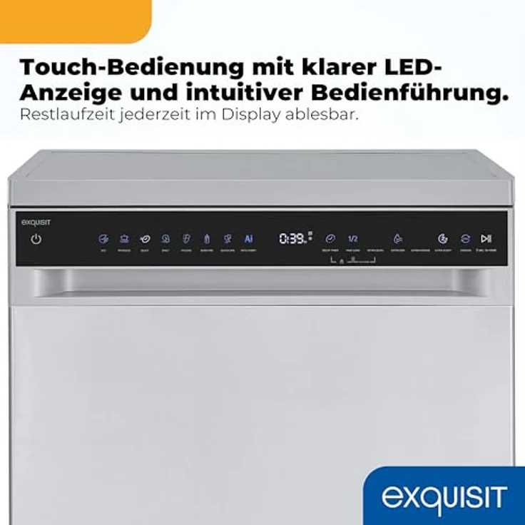 Exquisit GSP9616-450B, Stand-/Unterbau-Geschirrspüler mit 16 Maßgedecken, Energieklasse B, 45 dB, 8 Programme, Besteckschublade, Halbe Beladung, inox – Bild 4