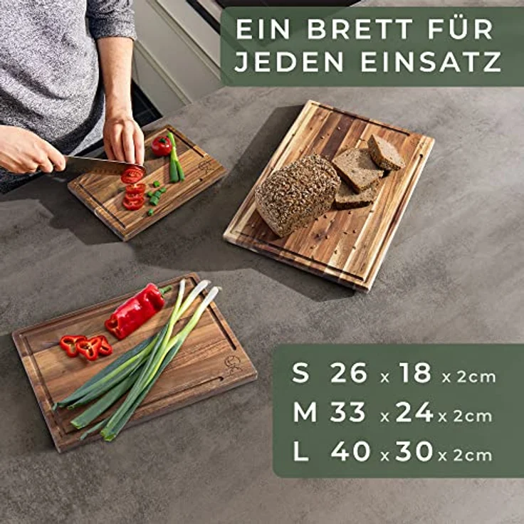 WALDWERK Schneidebrett 3er Set aus massiver Akazie mit Saftrille und Brettständer - Design Schneidebrett Set – Bild 3