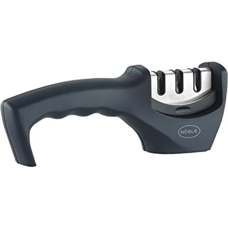 RÖSLE Messerschärfer, Hochwertiger Messerschleifer mit 3 Stufen für Küchenmesser, Wolframkarbid, Diamant und Keramik, Schleifkopf wechselbar, stabiler Stand, ergonomischer Griff