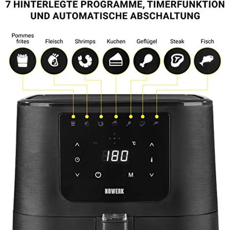 N8WERK Heißluft-Fritteuse Midnight Edition, Frittieren ohne Öl, 5,5 Liter Volumen, 6 Funktionen, 1800 Watt, Edelstahl ABS, schwarz, 05050 – Bild 5