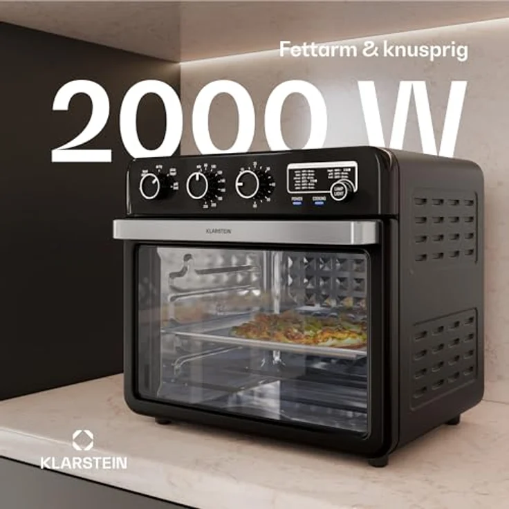 Klarstein AirGlaze Heißluftfritteuse – 34 L, 2000 W, 9 Programme, Rotisserie, Panoramascheibe, Schwarz – Bild 3