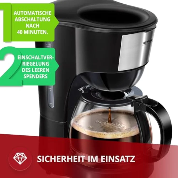 MPM MKW-12 Filterkaffeemaschine, 1,25 Liter mit Tropfstoppsystem und automatischer Abschaltung, schwarz – Bild 2
