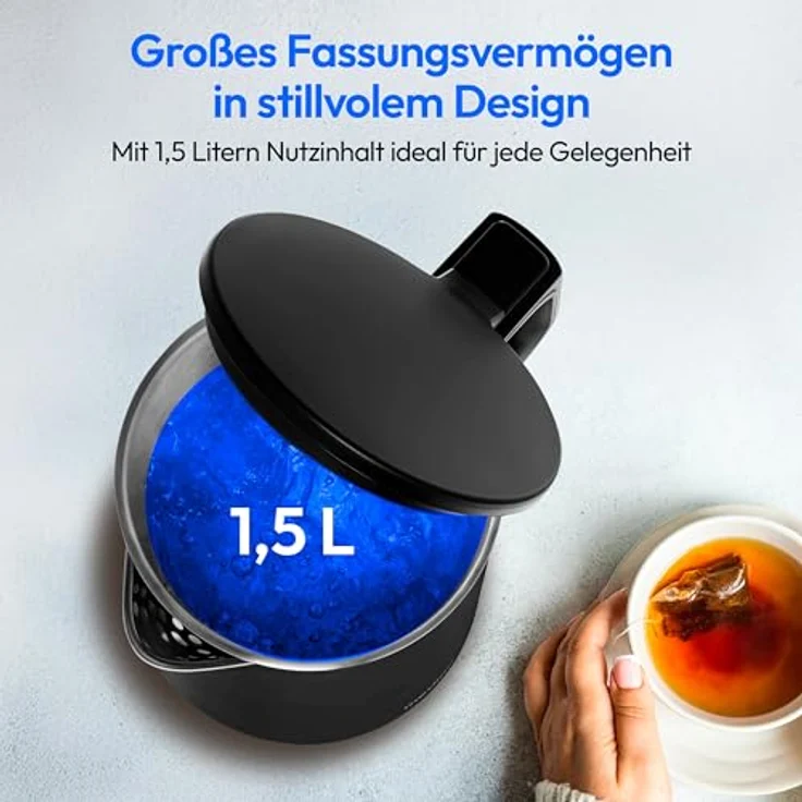 MEDION Wasserkocher MD12105, Edelstahl 1,5 Liter, 2.200 Watt, 360° Basis, Warmhaltefunktion, LED Betriebsanzeige, schwarz – Bild 4