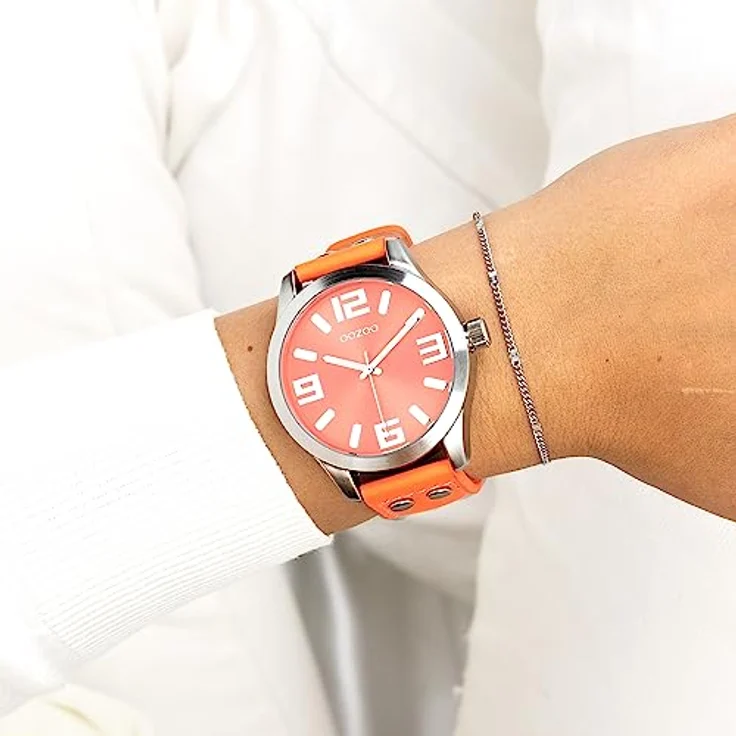 OOZOO Quarzuhr C1073, Armbanduhr für Damen und Herren, korallefarbenes Lederarmband, Ø 46mm, spritzwassergeschützt – Bild 3