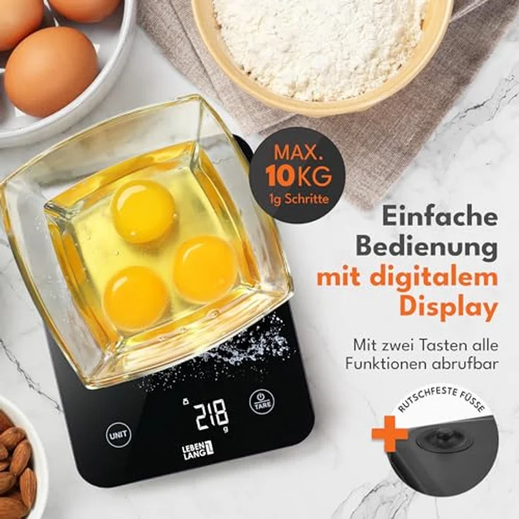 LEBENLANG Digitale Küchenwaage, Wasserdicht, USB Aufladbar, Bis 10 Kg, LCD Display, Präzise Messung, Schwarz – Bild 4