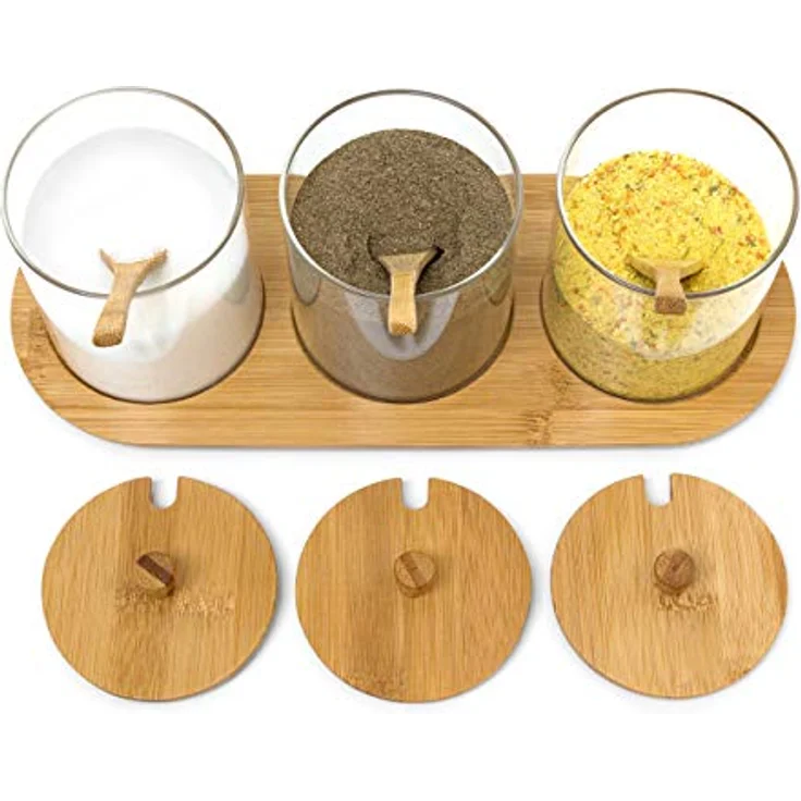 Relaxdays Gewürzgläser JIAO HBT: 12 x 31 x 12 cm Bambus Gewürzhalter für 3 Gewürzbehälter aus Glas mit passenden Löffeln als Alternative zu Gewürzständer und Gewürzregal für Küche und Esstisch, natur – Bild 3