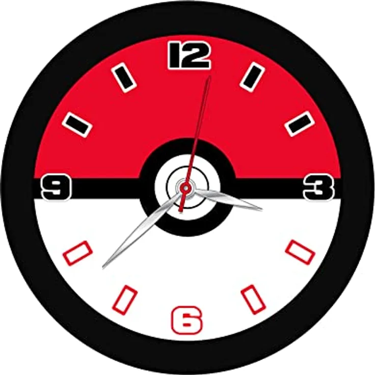 Accutime POK3155-A Kinder Wanduhr Pokéball,Runde Analoguhr zum Lernen der Zeit,Dekoration für das Kinderzimmer,Batteriebetriebene Quarzuhr,Pokémon Uhr Jungen und Mädchen,Schwarz/Rot/Weiß,ca. 25 cm