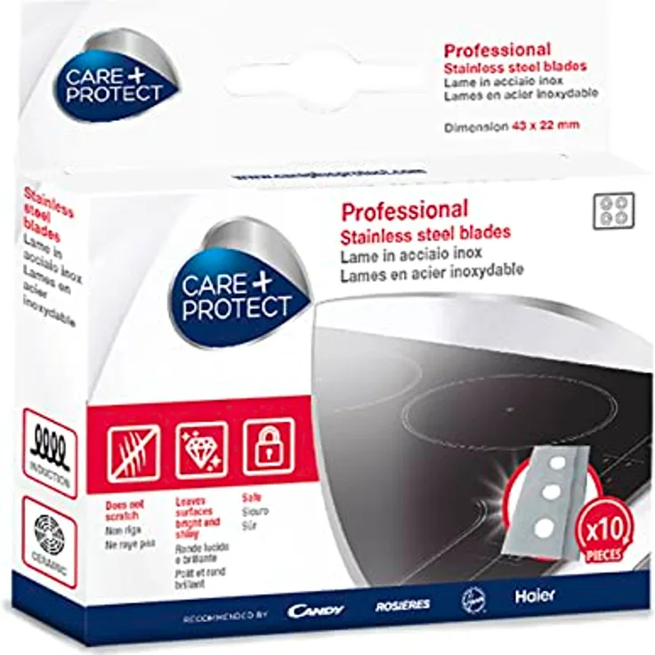 CARE + PROTECT Klingen für Reinigungsschaber; für Glas-, Keramik- und Induktionskochfelder; keine Kratzer; Oberflächen werden wieder hell und glänzend; sicher; Packung mit 10 Klingen